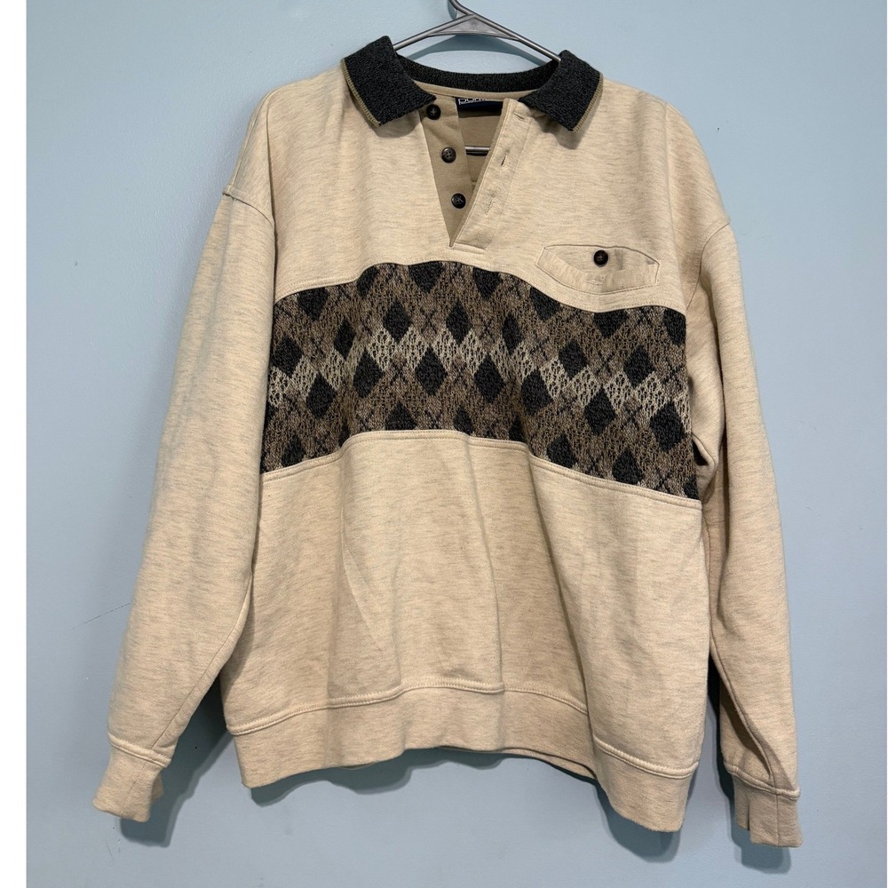 Puritan Men's Large Argyle Quarter Button Sweatshirt Beige Vintage Pullover 1502